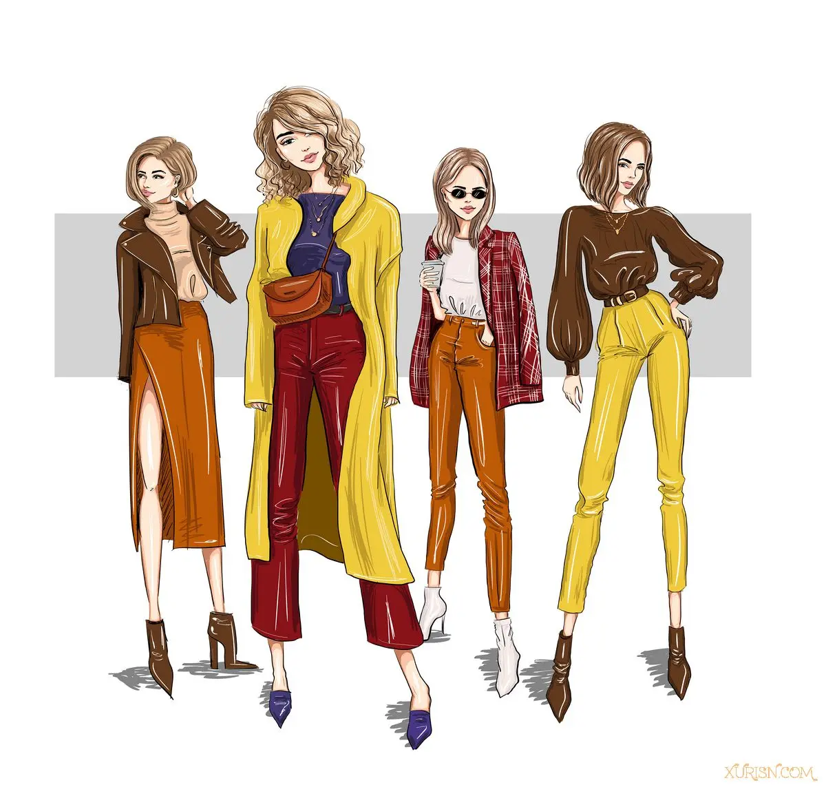 矢量图形-7P 时装靓女模特画矢量插图Bright models girls in fashion outfits drawn(9)