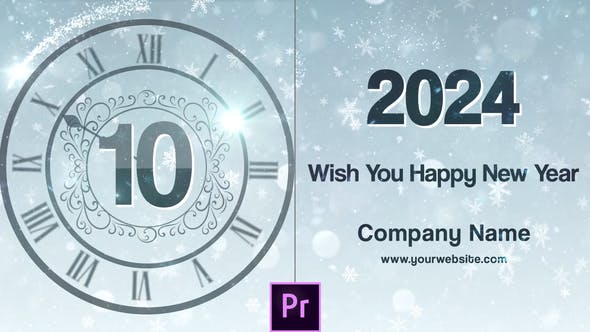 PR模板-2024新年简洁优雅冰花时钟粒子10秒倒计时动画
